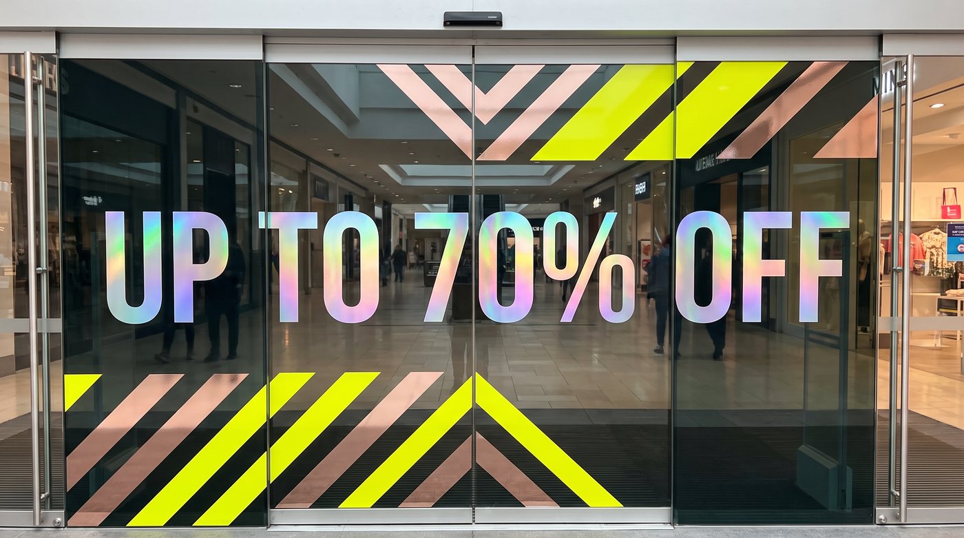 Mall entrance doors with holographic lettering and chevron stripes