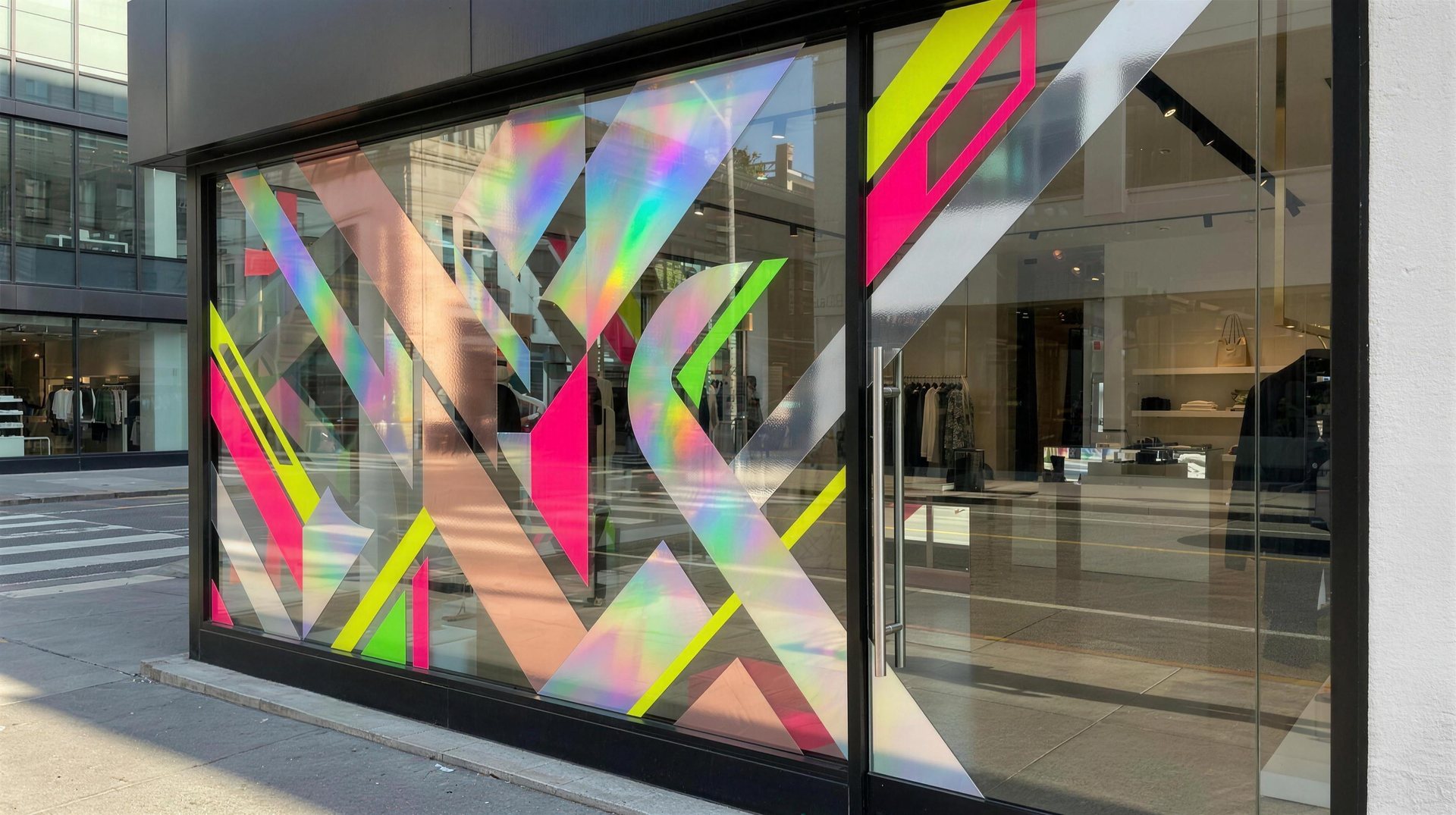 Holographic and fluorescent cut-vinyl storefront graphic