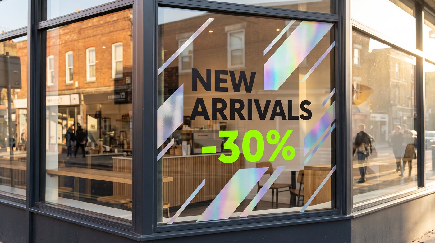New arrivals promo window with holographic accents