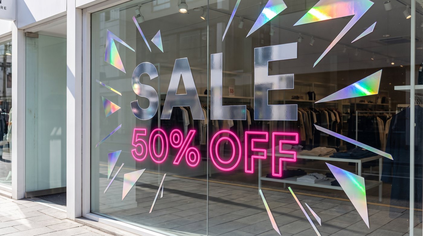 Sale window graphic with chrome lettering and holographic shards
