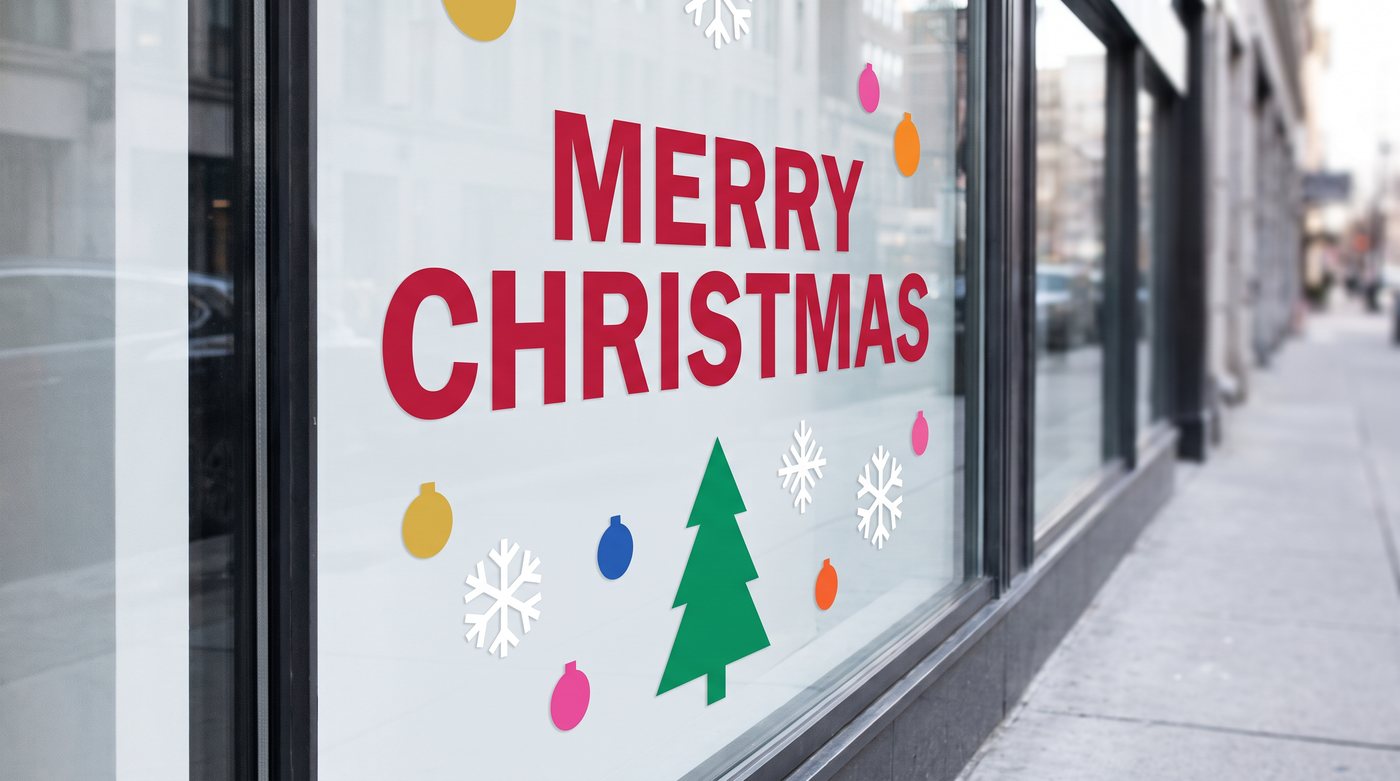 Christmas window with multicolor cut-vinyl lettering and snowflakes