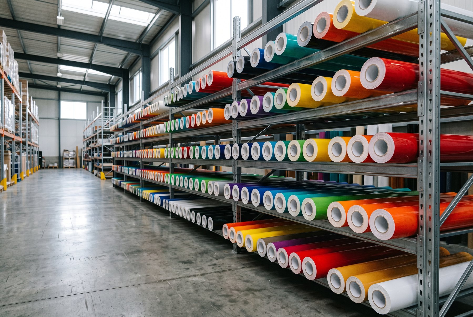 Wide colour vinyl rolls racked in the warehouse